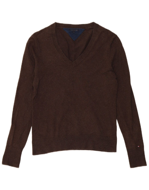 Tommy Hilfiger Womens V-Neck Jumper Sweater UK 14 Large Brown Cotton