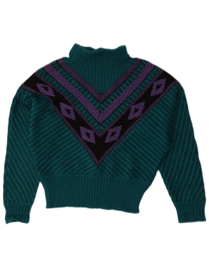 Vintage Womens Turtle Neck Jumper Sweater US 12 Large Green Geometric