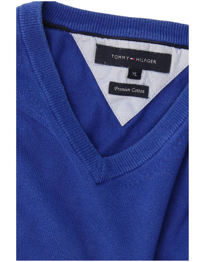 TOMMY HILFIGER Mens V-Neck Jumper Sweater XL Blue Cotton