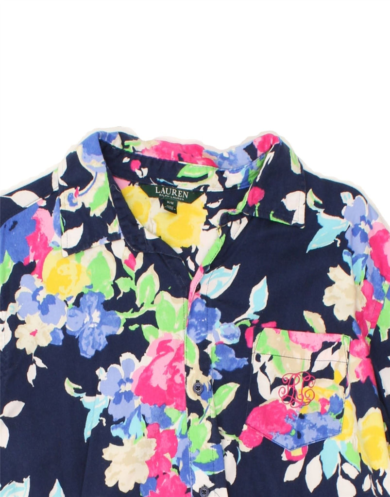 RALPH LAUREN Womens 3/4 Sleeve Shirt UK 14 Medium Navy Blue Floral Cotton | Vintage Ralph Lauren | Thrift | Second-Hand Ralph Lauren | Used Clothing | Messina Hembry 