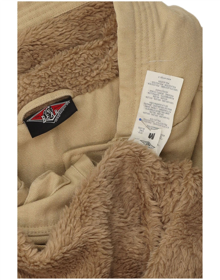 Bear Mens Hooded Bomber Jacket UK 38 Medium Beige Cotton