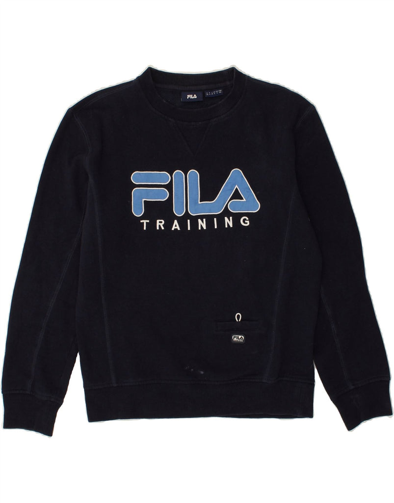 FILA Mens Graphic Sweatshirt Jumper Small Navy Blue Cotton | Vintage Fila | Thrift | Second-Hand Fila | Used Clothing | Messina Hembry 