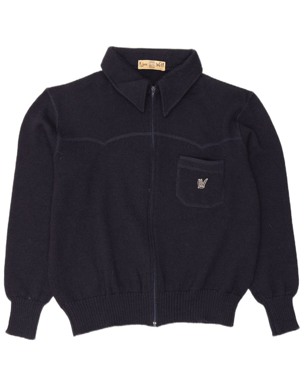Vintage Mens Full Zip Cardigan Sweater Large Navy Blue Wool