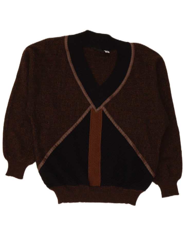De Pietri Mens V-Neck Jumper Sweater Large Brown Colourblock Wool