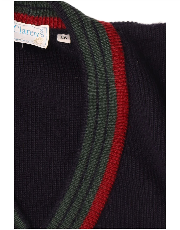 Vintage Mens Cardigan Sweater IT 48 Medium Navy Blue Striped Wool