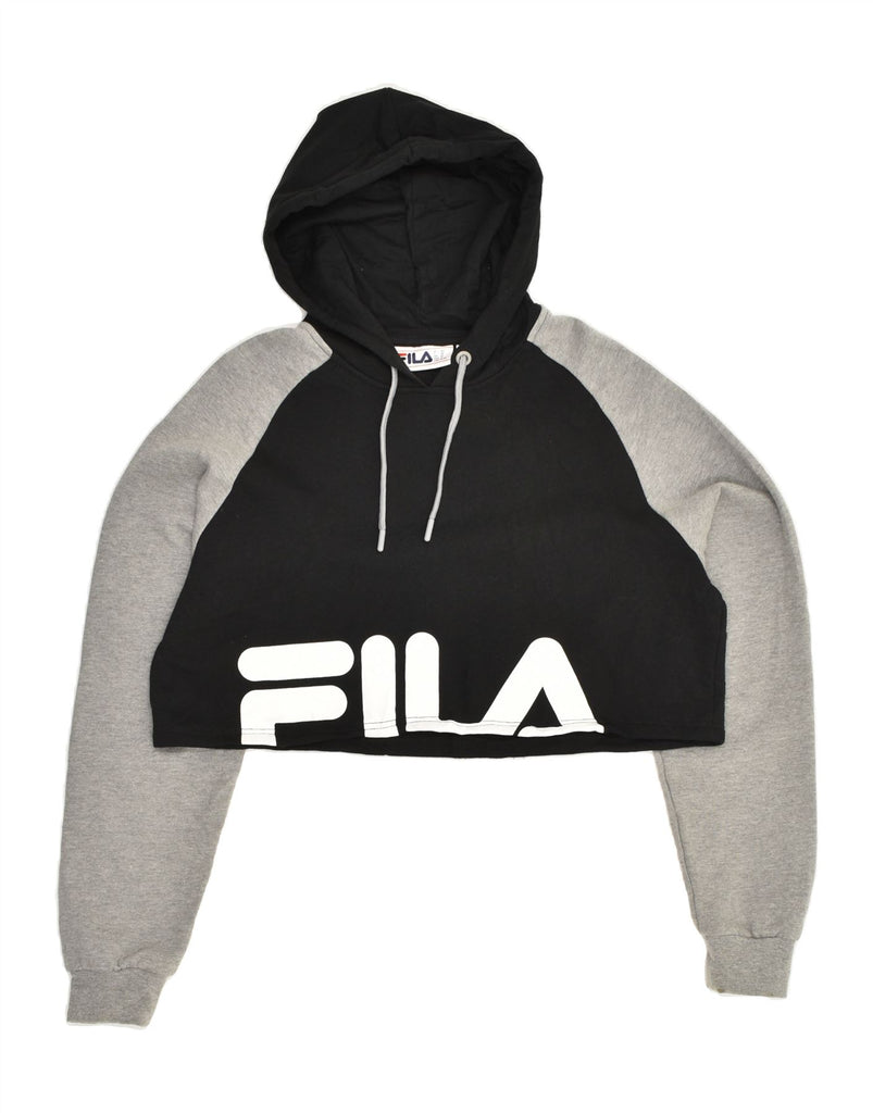 FILA Womens Crop Graphic Hoodie Jumper IT 50 XL Black Colourblock Cotton | Vintage Fila | Thrift | Second-Hand Fila | Used Clothing | Messina Hembry 