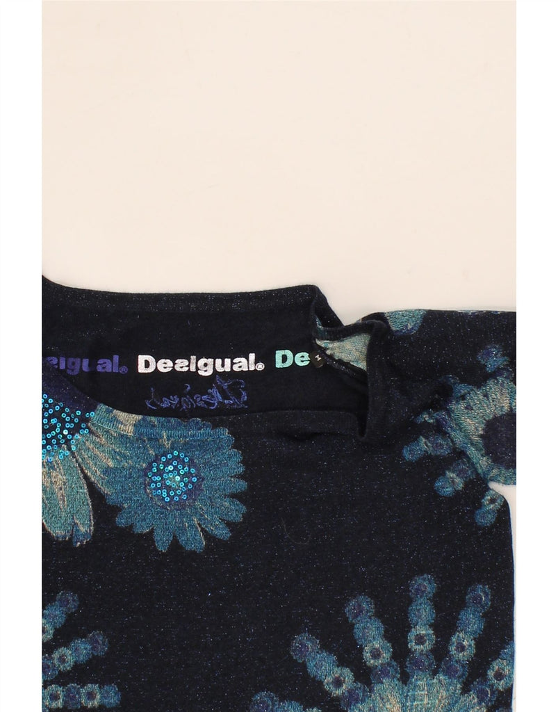 DESIGUAL Womens Boat Neck Jumper Sweater UK 12 Medium Navy Blue Floral Vintage Desigual and Second-Hand Desigual from Messina Hembry 