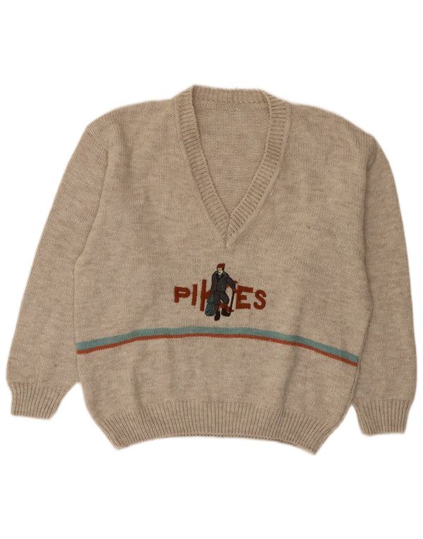 Vintage Mens Graphic V-Neck Jumper Sweater Large Beige Flecked Acrylic