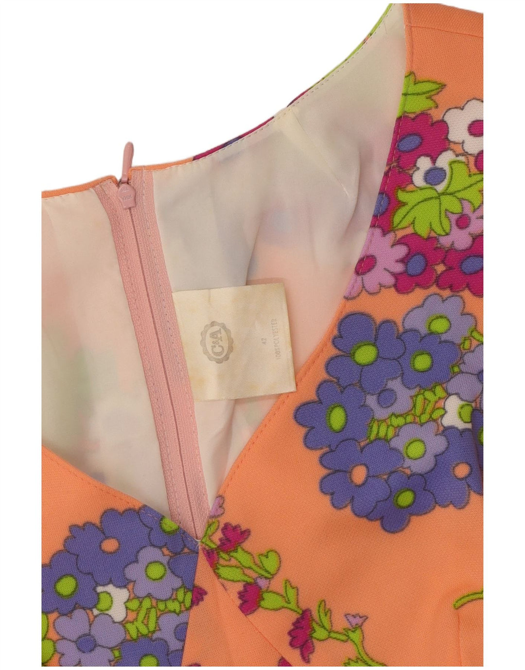 C & A Womens Sleeveless A-Line Dress EU 42 Large Orange Floral Polyester