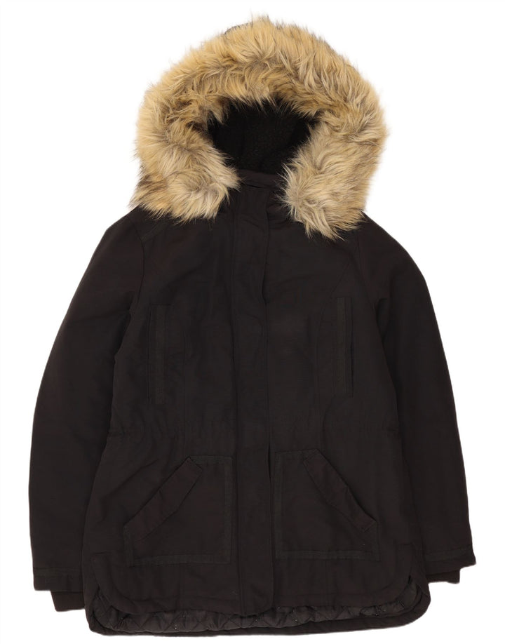 Monsoon Womens Hooded Parka Jacket UK 14 Large  Black Cotton