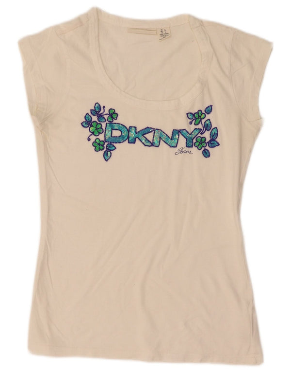 Dkny Womens Graphic T-Shirt Top UK 8 Small White Floral Cotton