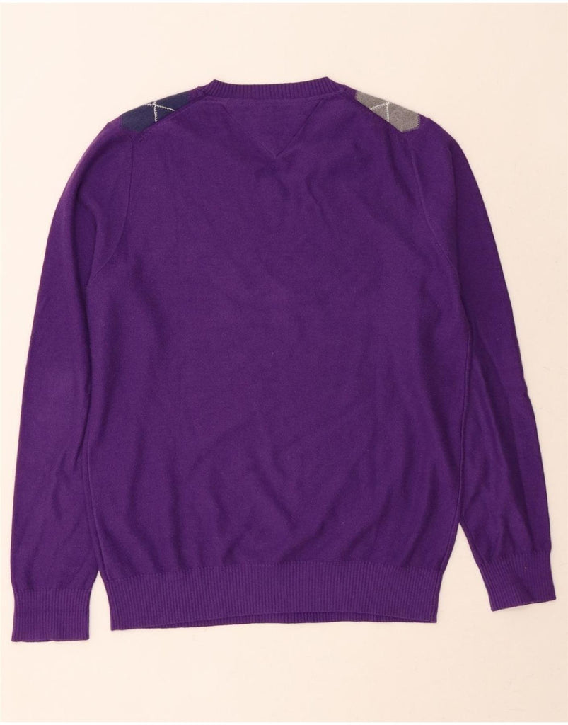 TOMMY HILFIGER Mens V-Neck Jumper Sweater Small Purple Argyle/Diamond Vintage Tommy Hilfiger and Second-Hand Tommy Hilfiger from Messina Hembry 