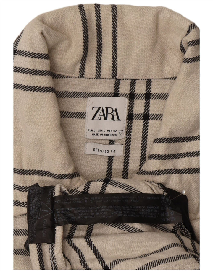 Zara Mens Overshirt Relaxed Fit Flannel Shirt Large White Check Cotton