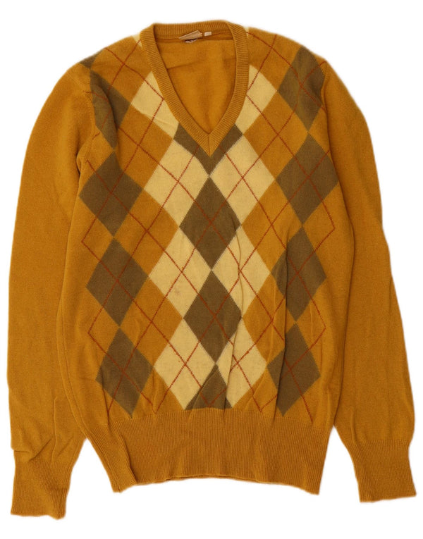 Cutty Sark Mens V-Neck Jumper Sweater Small Yellow Argyle/Diamond Wool