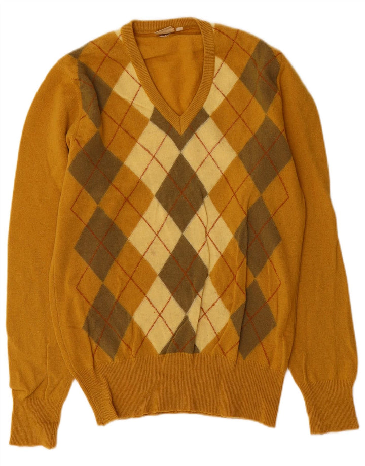 Cutty Sark Mens V-Neck Jumper Sweater Small Yellow Argyle/Diamond Wool