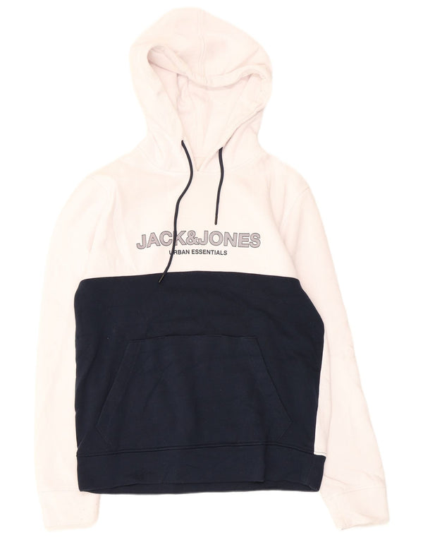 Jack & Jones Mens Graphic Hoodie Jumper Small White Colourblock Cotton