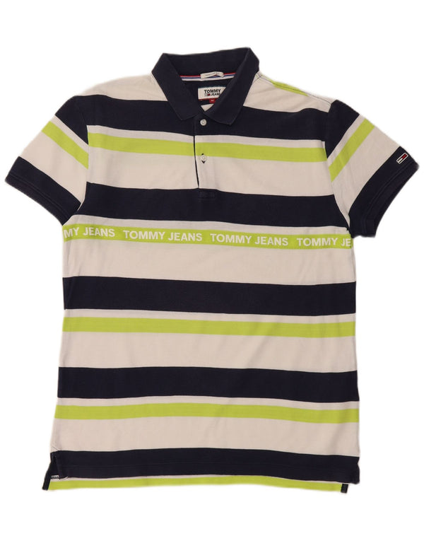 TOMMY HILFIGER Mens Graphic Rugby Polo Shirt Medium Navy Blue Striped