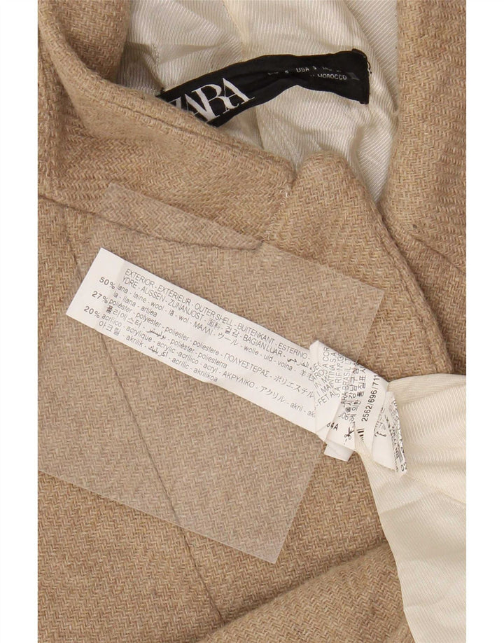 Zara Womens Longline 1 Button Blazer Jacket UK 10 Small Beige Wool