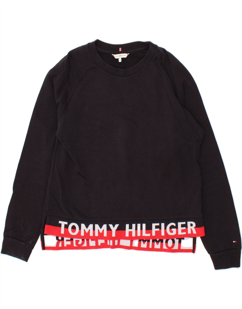 TOMMY HILFIGER Womens Graphic Sweatshirt Jumper UK 14 Medium Navy Blue Vintage Tommy Hilfiger and Second-Hand Tommy Hilfiger from Messina Hembry 