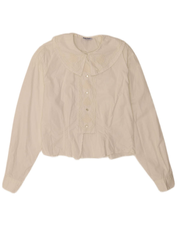 Vintage Womens Long Sleeve Shirt Blouse UK 12 Medium White Cotton