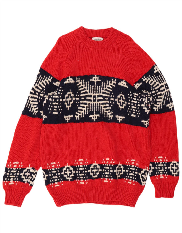BENETTON Mens Boat Neck Jumper Sweater Medium Red Fair Isle Wool