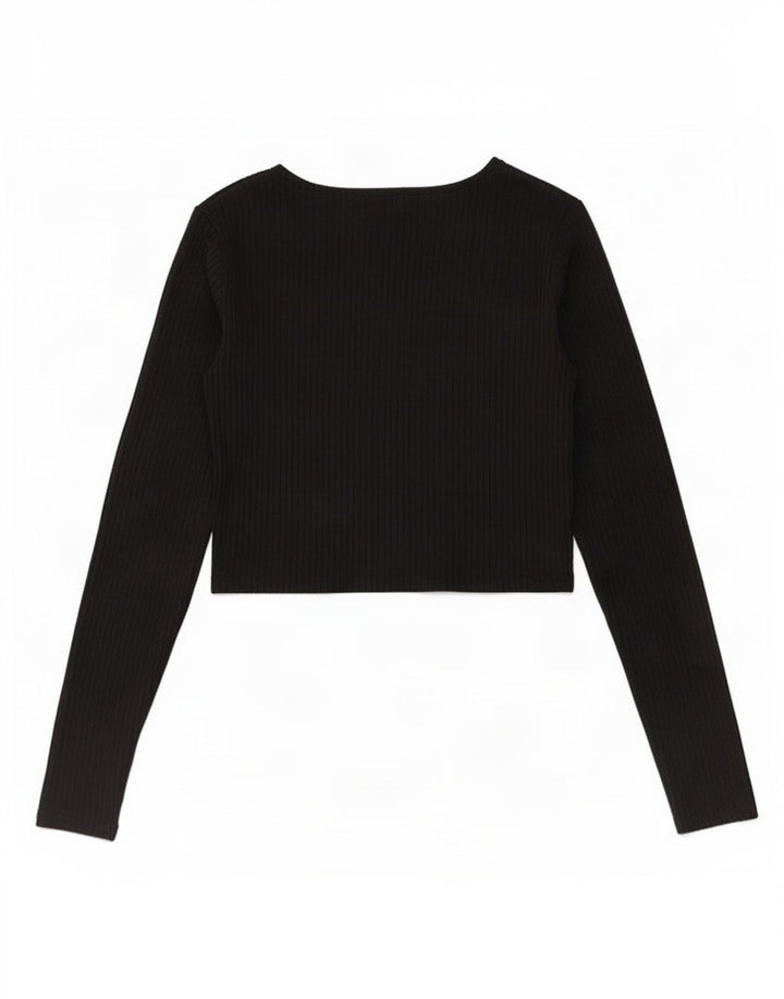 Zara Womens Crop Top Long Sleeve UK 12 Medium Black Polyester