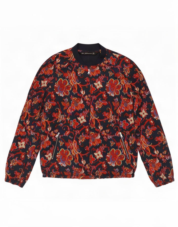 Zara Womens Trafaluc Bomber Jacket UK 12 Medium Navy Blue Paisley Polyester