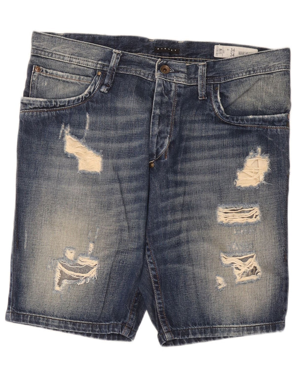 Sisley Mens Distressed Denim Shorts W34 Large Blue Cotton