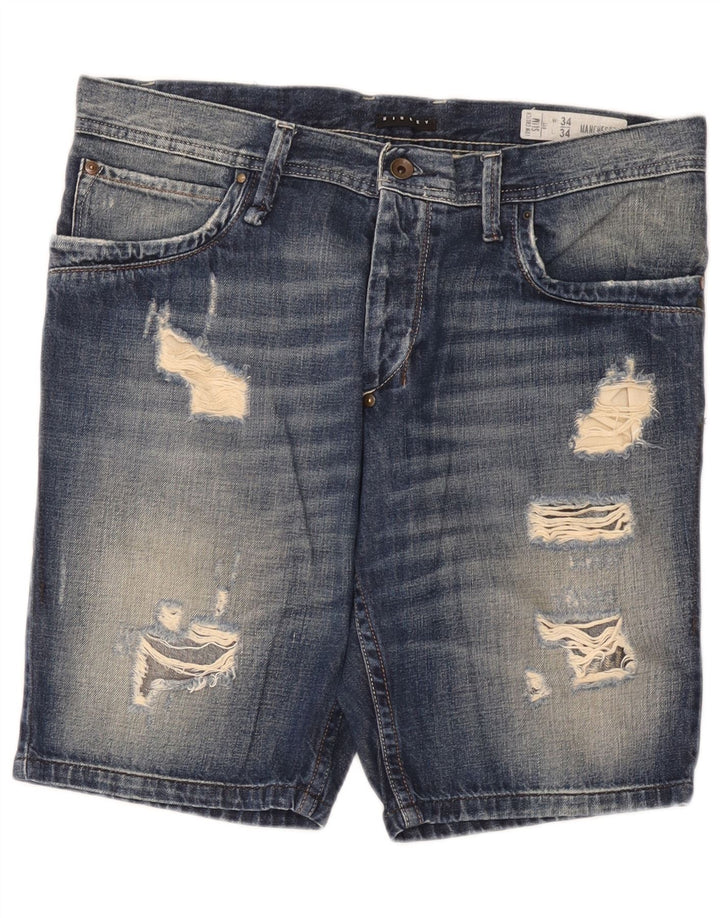 Sisley Mens Distressed Denim Shorts W34 Large Blue Cotton