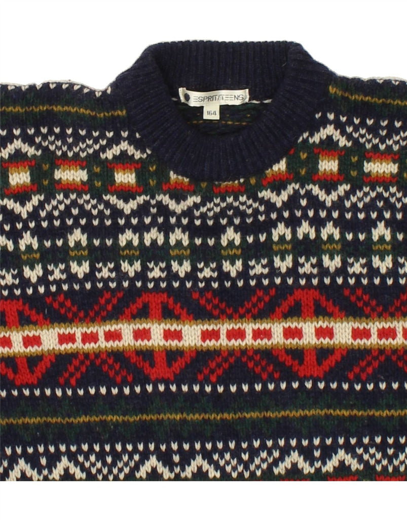 ESPRIT Boys Crew Neck Jumper Sweater 14-15 Years Navy Blue Fair Isle Vintage Esprit and Second-Hand Esprit from Messina Hembry 