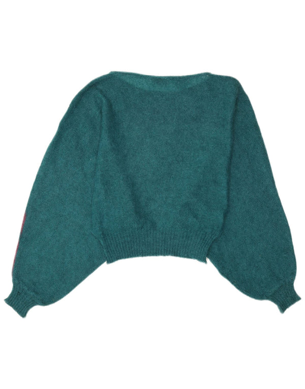 Vintage Womens Crop Boat Neck Jumper Sweater UK 14 Medium Blue Colourblock