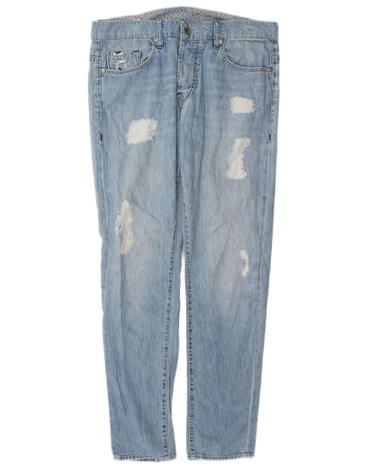 Gas Mens Distressed Slim Jeans W34 L32 Blue Cotton