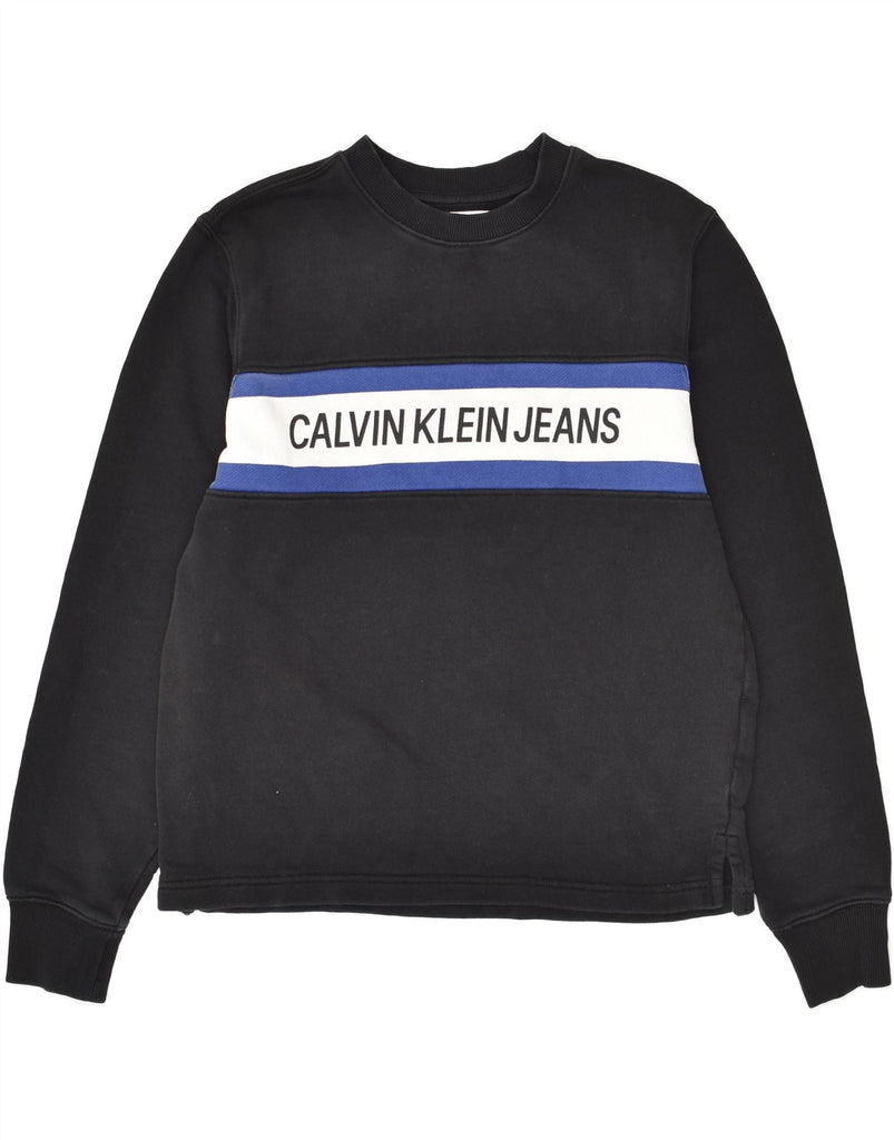 CALVIN KLEIN JEANS Womens Graphic Sweatshirt Jumper UK 10 Small Black | Vintage Calvin Klein Jeans | Thrift | Second-Hand Calvin Klein Jeans | Used Clothing | Messina Hembry 