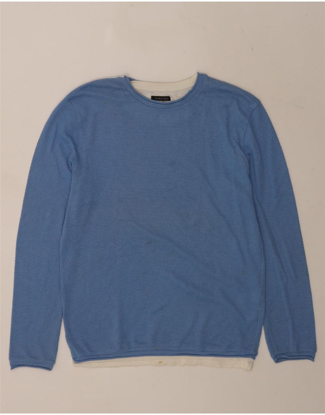Zara Mens Crew Neck Jumper Sweater Large Blue Colourblock Cotton