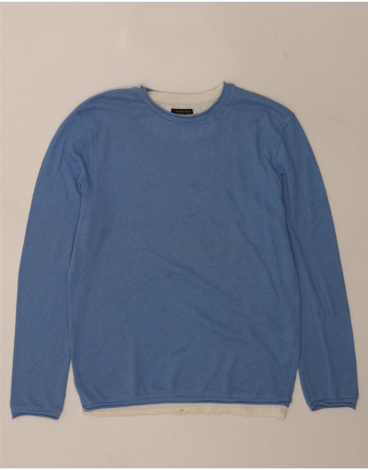 Zara Mens Crew Neck Jumper Sweater Large Blue Colourblock Cotton