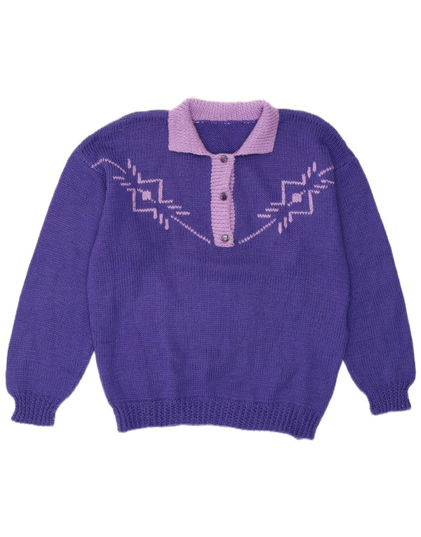 Vintage Womens Polo Neck Jumper Sweater UK 16 Large Purple Colourblock