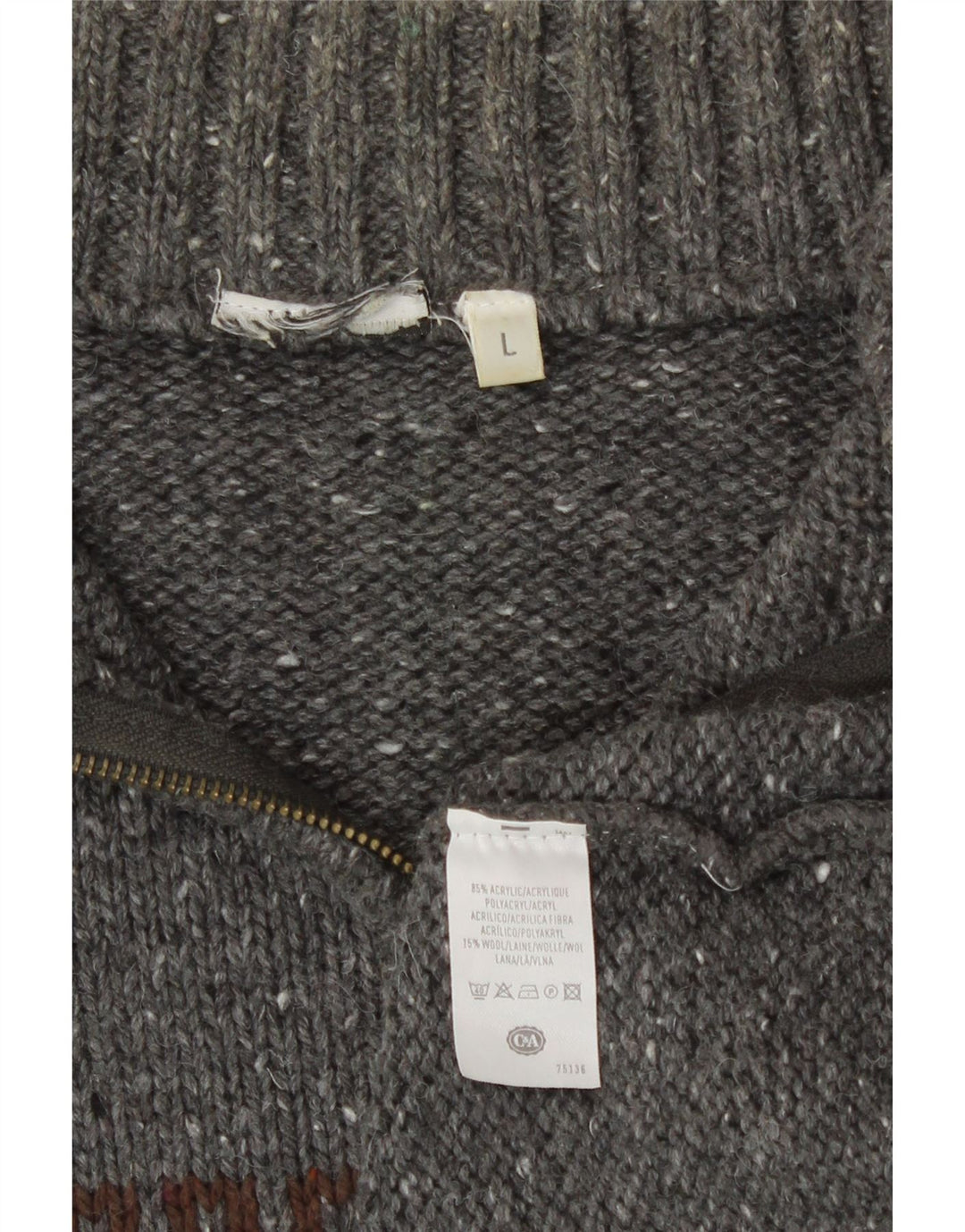 C&A Mens Zip Neck Jumper Sweater Large Grey Fair Isle Acrylic