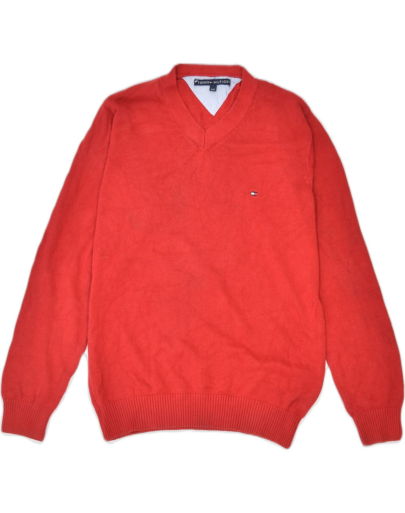 TOMMY HILFIGER Mens V-Neck Jumper Sweater Small Red Cotton | Vintage Tommy Hilfiger | Thrift | Second-Hand Tommy Hilfiger | Used Clothing | Messina Hembry 