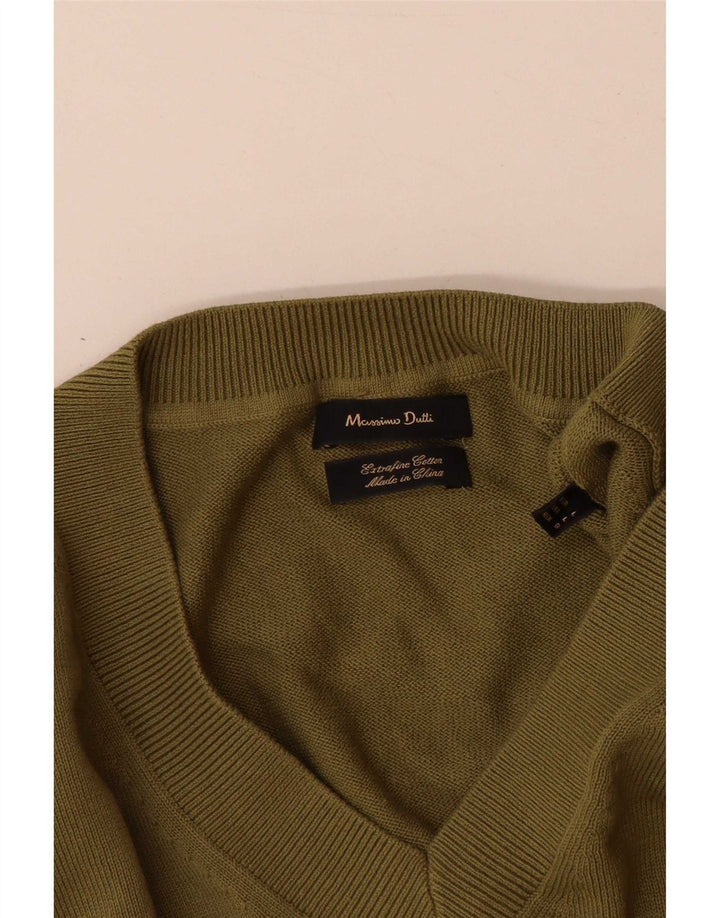 Massimo Dutti Mens V-Neck Jumper Sweater Large Khaki Cotton