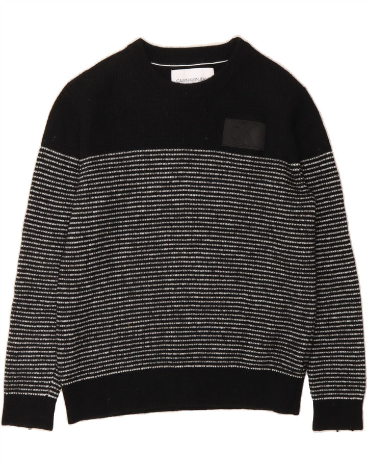 CALVIN KLEIN Mens Crew Neck Jumper Sweater Medium Black Striped Wool Vintage Calvin Klein and Second-Hand Calvin Klein from Messina Hembry 