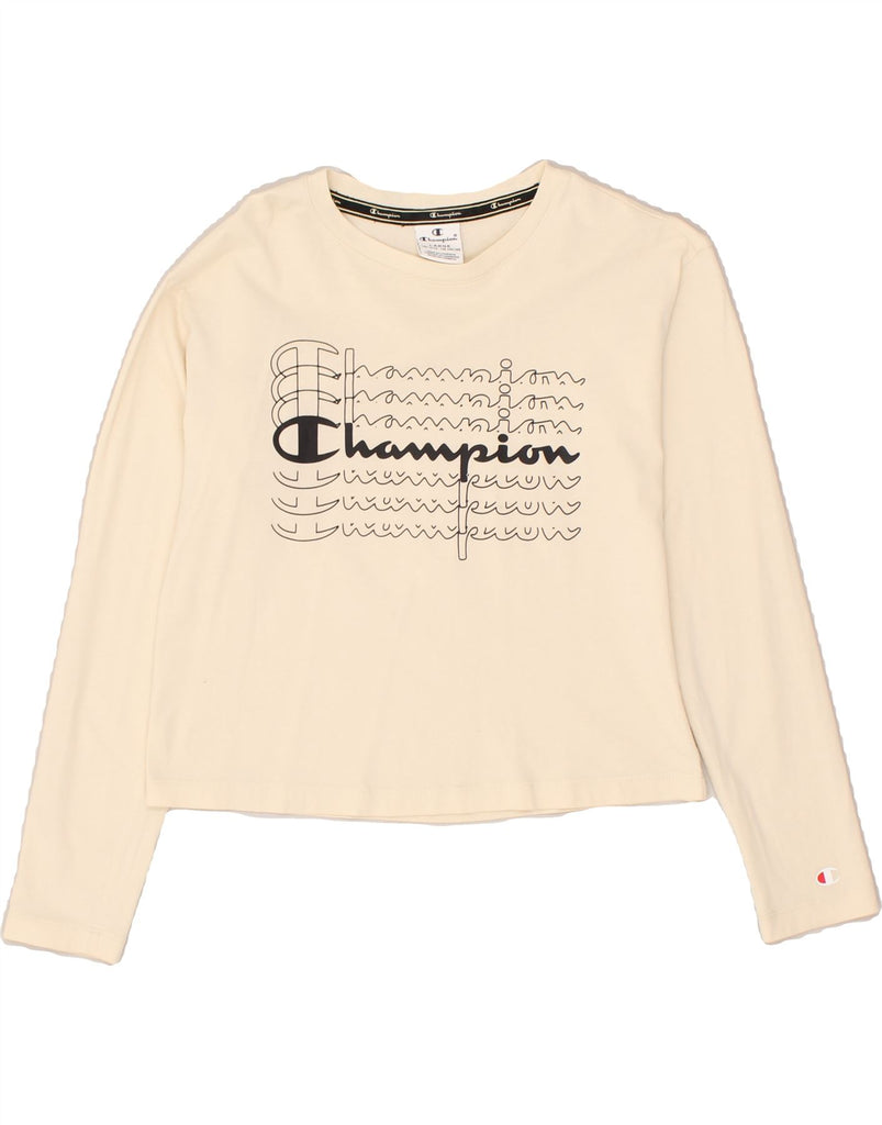 CHAMPION Girls Graphic Top Long Sleeve 11-12 Years Large Beige Cotton | Vintage Champion | Thrift | Second-Hand Champion | Used Clothing | Messina Hembry 