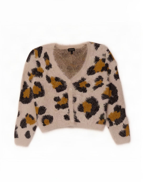 Topshop Womens Cardigan Sweater UK 12 Medium Off White Animal Print Nylon