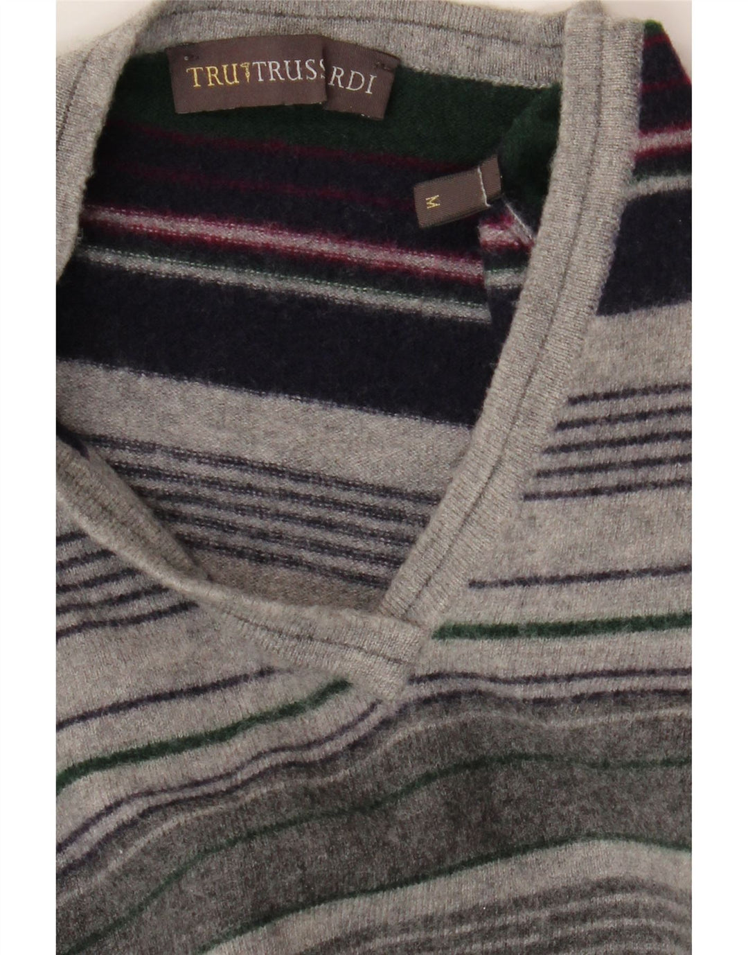 TRUSSARDI Mens V-Neck Jumper Sweater Medium Grey Striped Vintage Trussardi and Second-Hand Trussardi from Messina Hembry 
