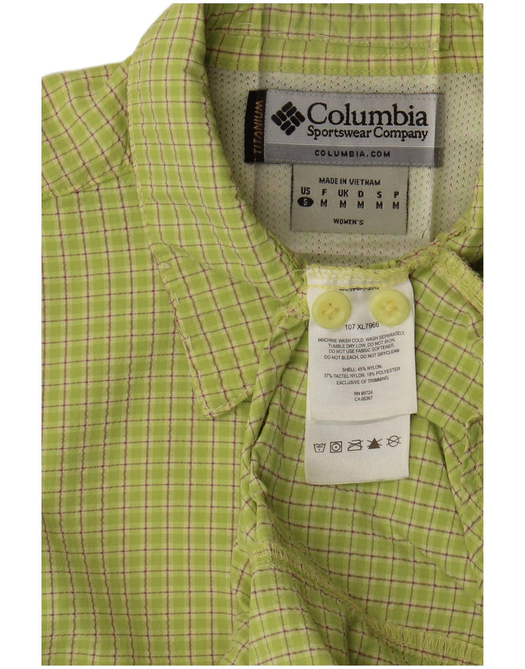 COLUMBIA Womens Titanium Short Sleeve Shirt UK 12 Medium Green Check Nylon