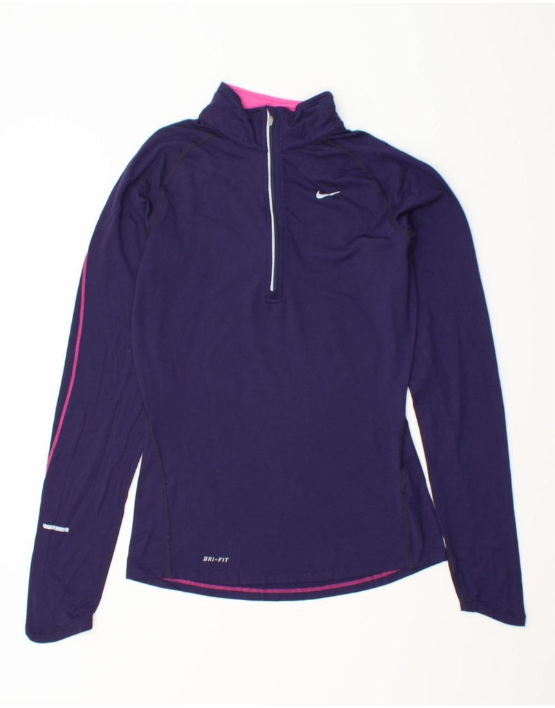 NIKE Womens Dri Fit Zip Neck Pullover Tracksuit Top UK 6 XS Navy Blue Vintage Nike and Second-Hand Nike from Messina Hembry 