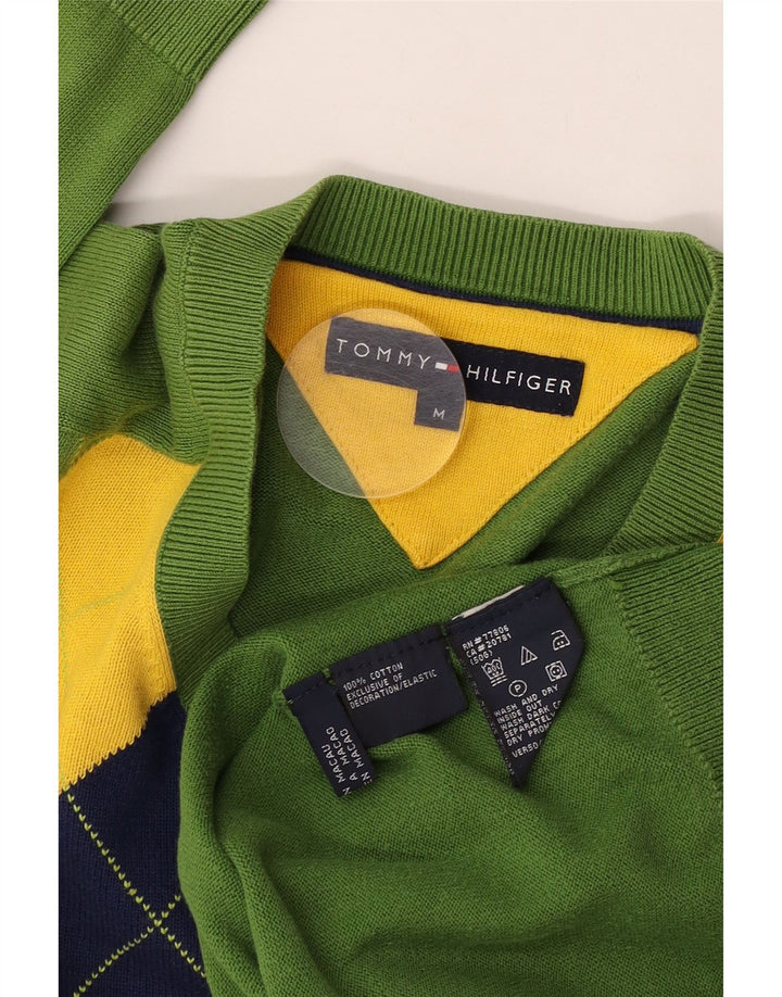 Tommy Hilfiger Mens V-Neck Jumper Sweater Medium Green Argyle/Diamond