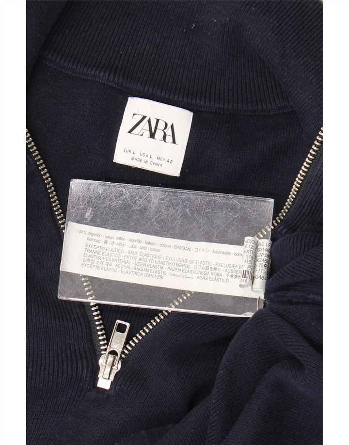 Zara Mens Zip Neck Jumper Sweater Large Navy Blue Cotton