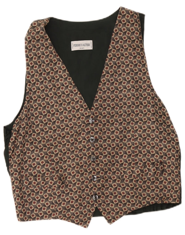 Vintage Mens Classic Fit Waistcoat Large Brown Geometric Silk