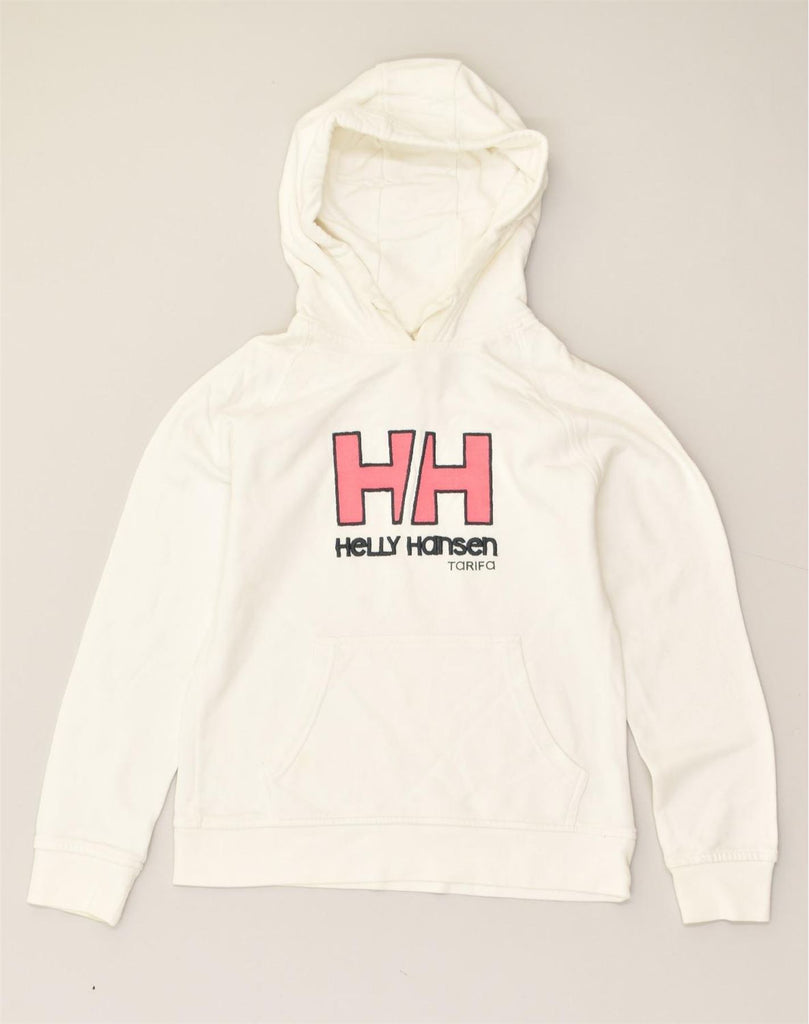 HELLY HANSEN Womens Graphic Hoodie Jumper UK 4 XS White Cotton | Vintage Helly Hansen | Thrift | Second-Hand Helly Hansen | Used Clothing | Messina Hembry 