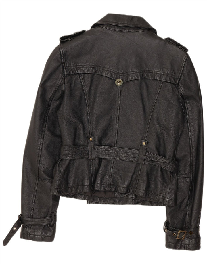 SPECCHIO Womens Crop Military Leather Jacket UK 12 Medium Black Leather